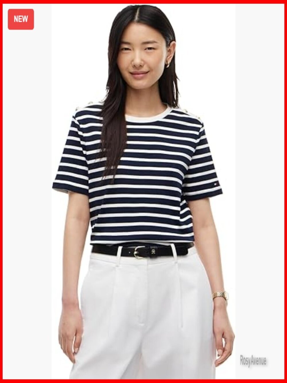 Short Sleeve Cotton Crew Neck Tee with Button Shoulder
